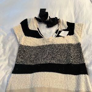 Brunello Cucinelli Ivory & Black Cotton Blend Sequin Sweater Cap Sleeve SZ L NWT